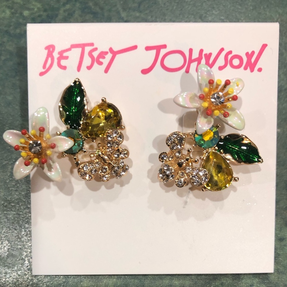 Betsey Johnson yellow crystal green leaf white flower vintage style earrings new